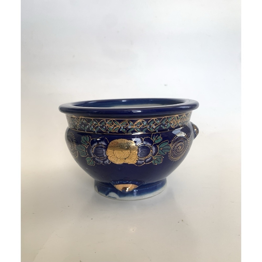 VTG Japanese Kutani-Style Ware Cobalt Blue Gold Hand Painted Catchpot Planter 4"
